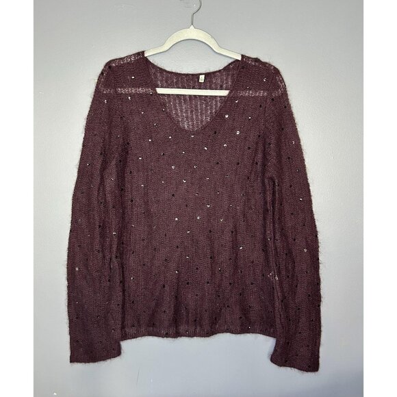 Sequin Mohair Blend Sweater Womens L Purple Fuzzy Sheer Layer Plum V Pullover - Picture 7 of 12
